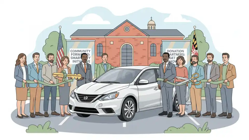 Ceremony attendees including Representative Glenn Ivey and program partners gathered around refurbished Nissan Sentra during vehicle donation event