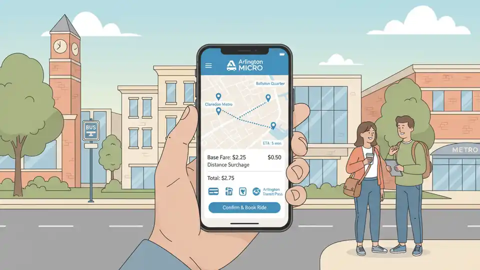 Passenger using mobile app to book Arlington MICRO microtransit ride with fare information displayed on screen