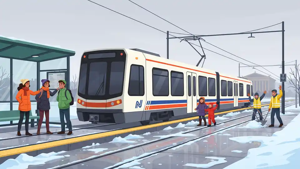 NJ Transit light rail train at station platform during service restoration after blizzard