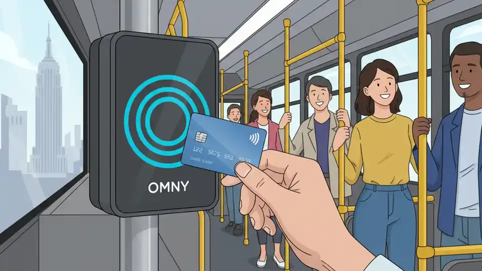 Close-up of OMNY contactless payment card reader on MTA bus with rider tapping payment card