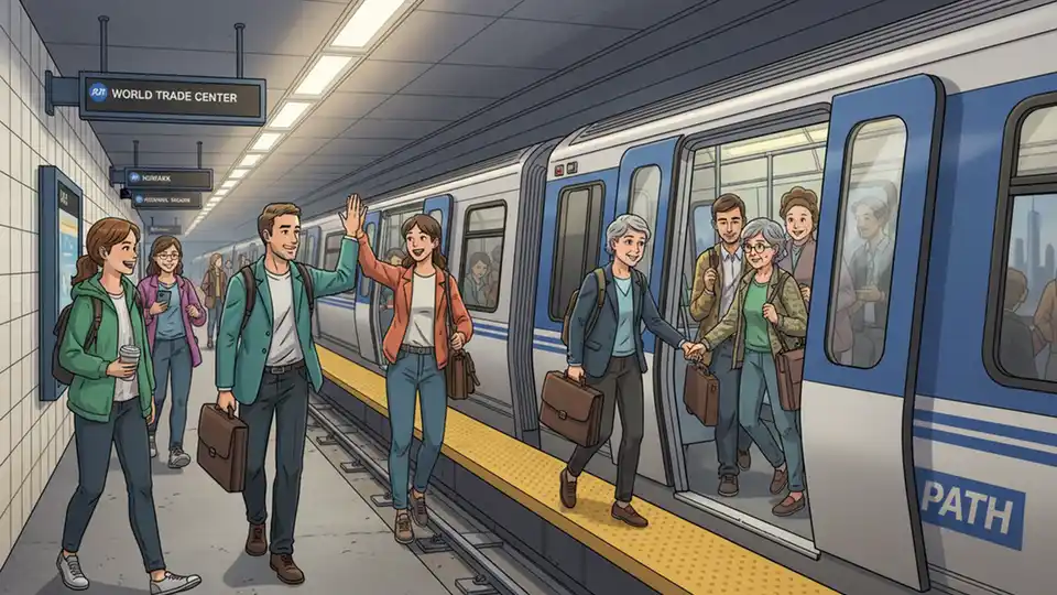 PATH train at station platform with passengers boarding, showing the rail system that connects New York and New Jersey and will receive service improvements
