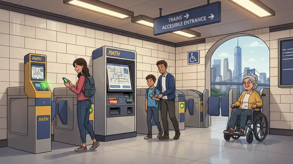 PATH fare card reader and ticket vending machine at station entrance with accessibility signage