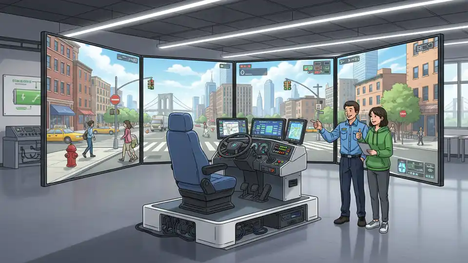 Modern bus driving simulator with wraparound screens showing New York City street scene, operator seat with authentic controls and dashboard, training center environment
