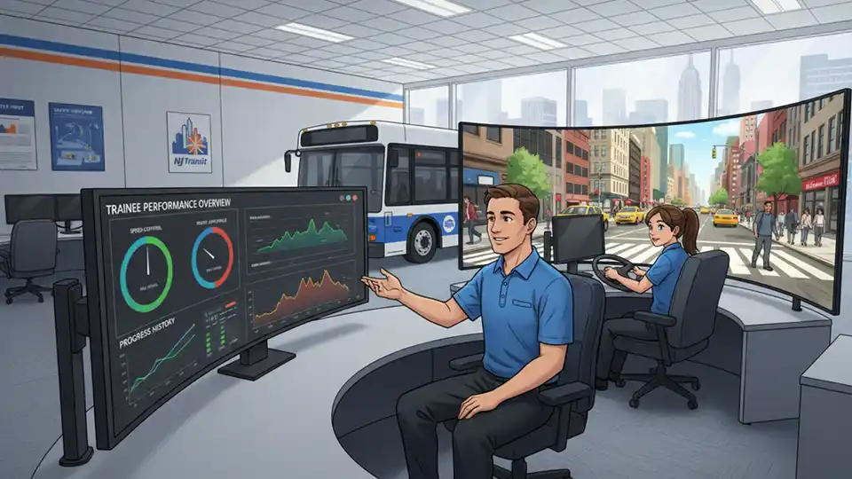 Bus operator training instructor reviewing performance data on dashboard screen while trainee practices in simulator cabin, professional training facility setting