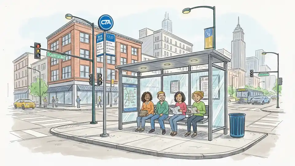 CTA bus stop sign and shelter at urban intersection in Chicago with route information displayed
