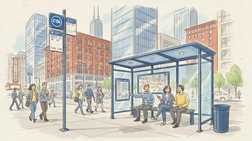 Chicago Transit Authority bus stop sign and shelter on State Street, showing route number and schedule information, urban streetscape with pedestrians and city buildings in background