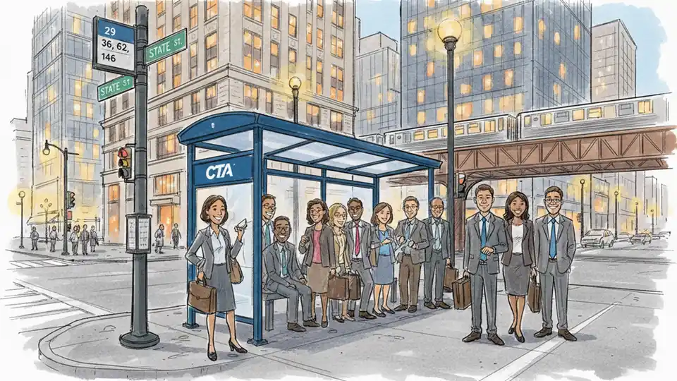 Downtown Chicago CTA bus stop at State and Washington with evening commuters waiting for bus service