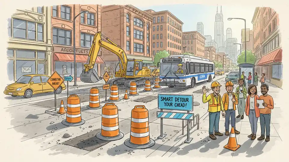 Construction work on Chicago street with orange barrels and equipment blocking bus route
