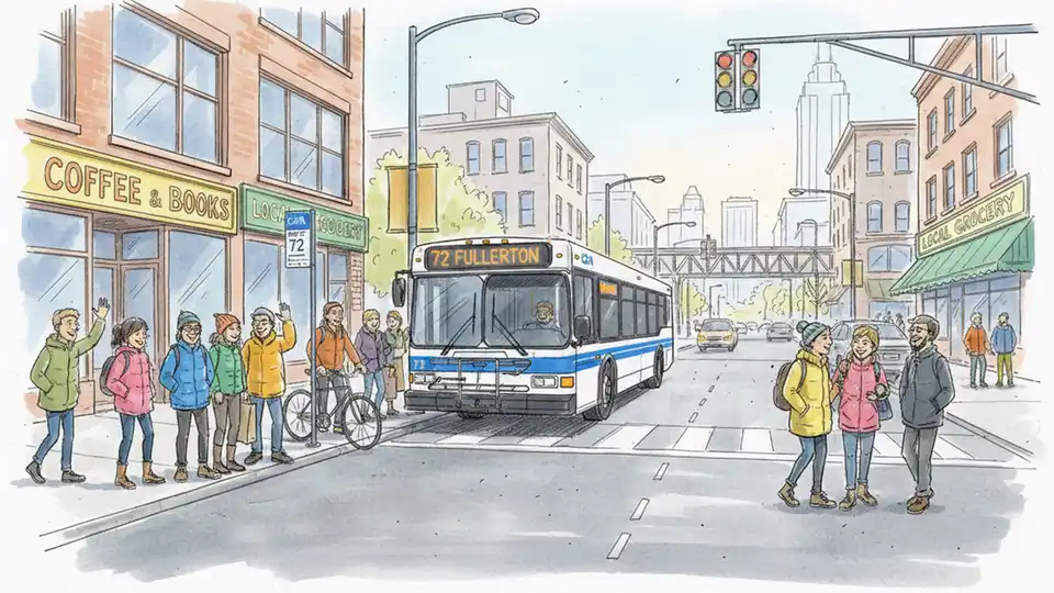 CTA Route 72 bus stopped at urban intersection with passengers waiting at bus stop on Chicago street corner