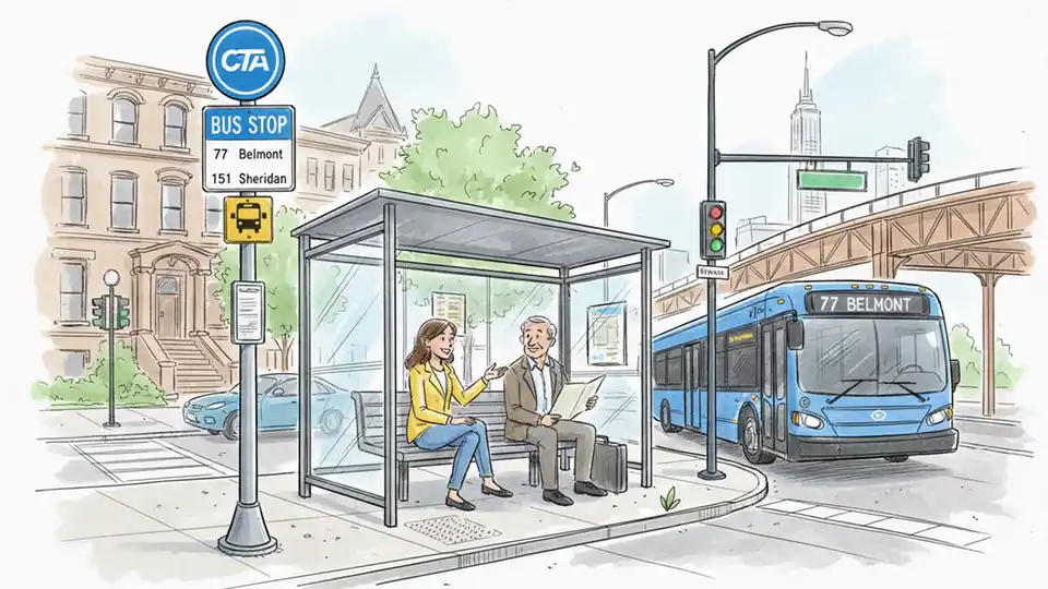 CTA bus stop sign and shelter at Chicago street corner with route number display and passenger waiting area