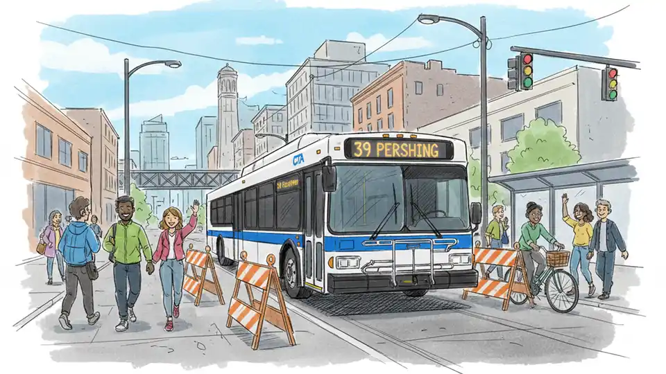CTA bus route 39 Pershing operating on Chicago street with construction barriers visible in background