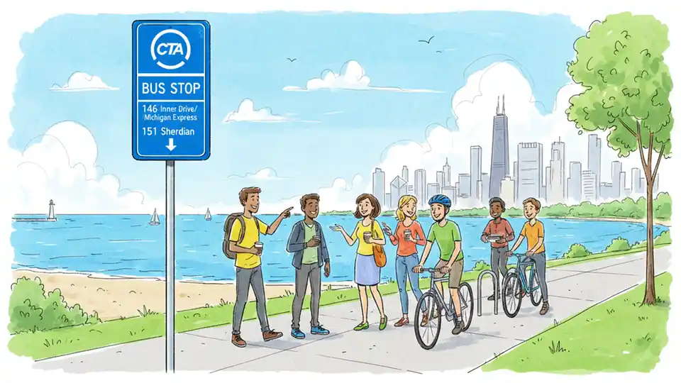 CTA bus stop sign on Inner Lake Shore Drive with route numbers displayed