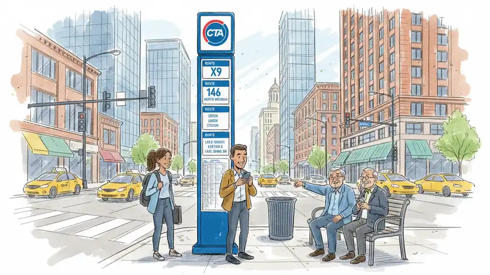 CTA bus stop sign at downtown Chicago intersection with passengers waiting