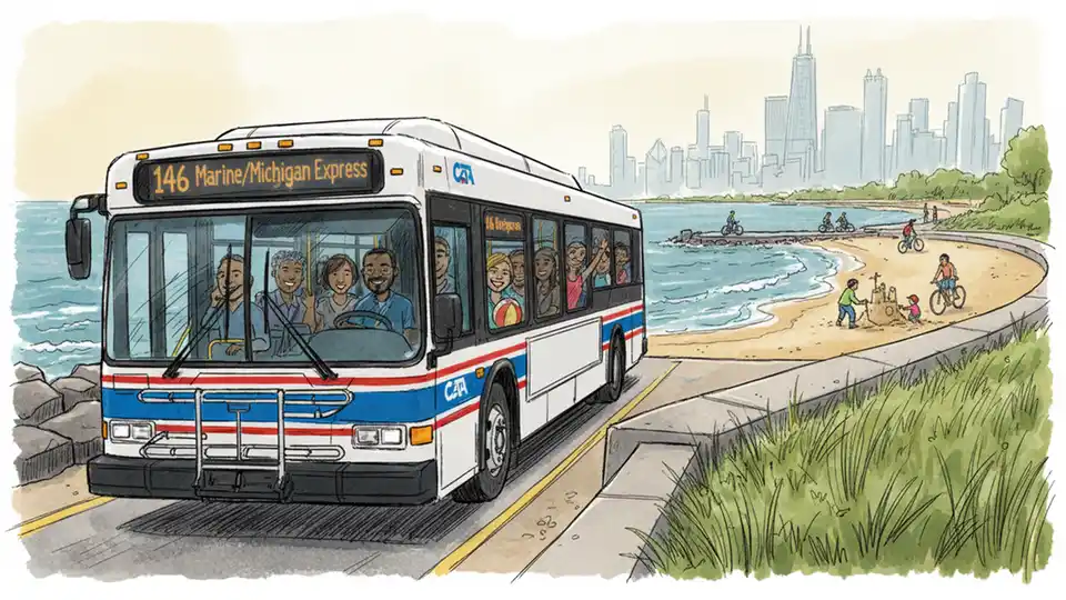 CTA bus route sign showing beach destination with Lake Michigan shoreline in background