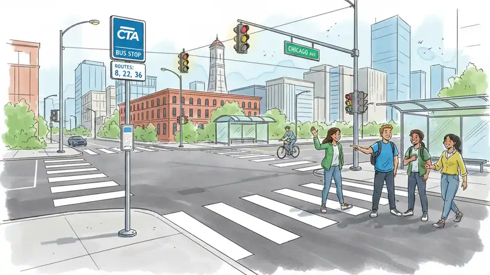 Chicago street intersection with pedestrian crosswalk and bus stop sign on corner, urban setting with traffic signals and CTA bus stop pole showing route information