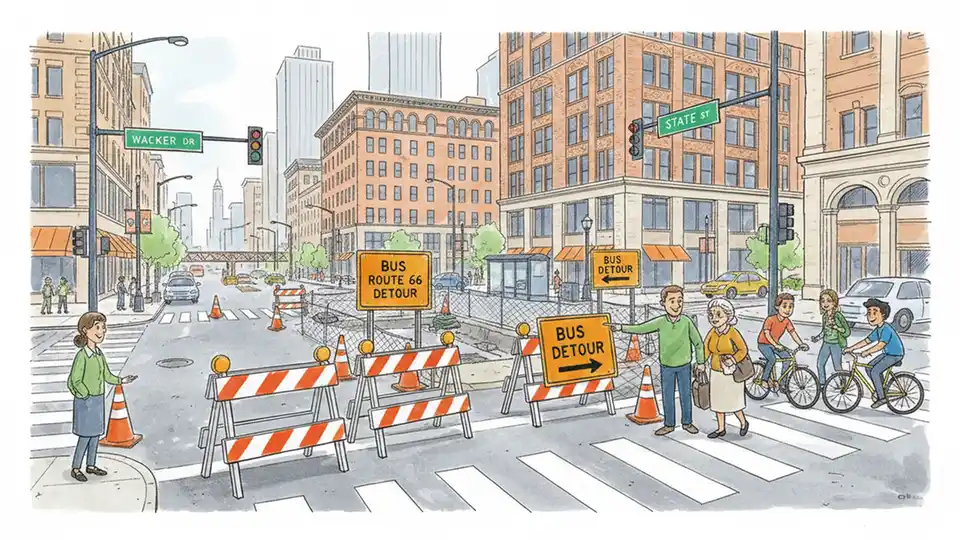 Chicago street intersection with construction barriers and detour signs for bus route