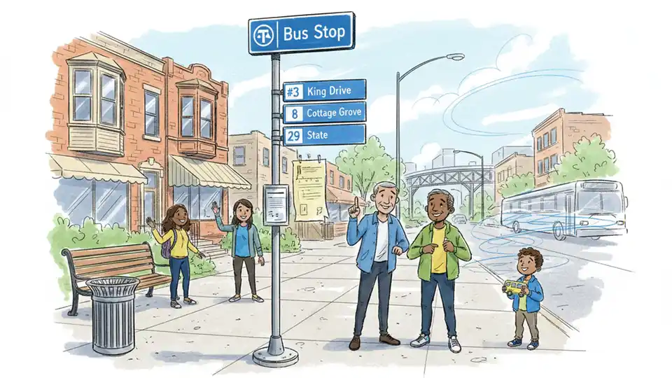 CTA bus stop sign on Chicago's South Side with route information display