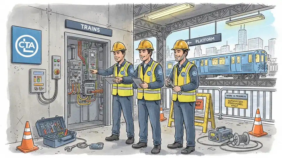 CTA maintenance crew working on elevator equipment at downtown Chicago rail station