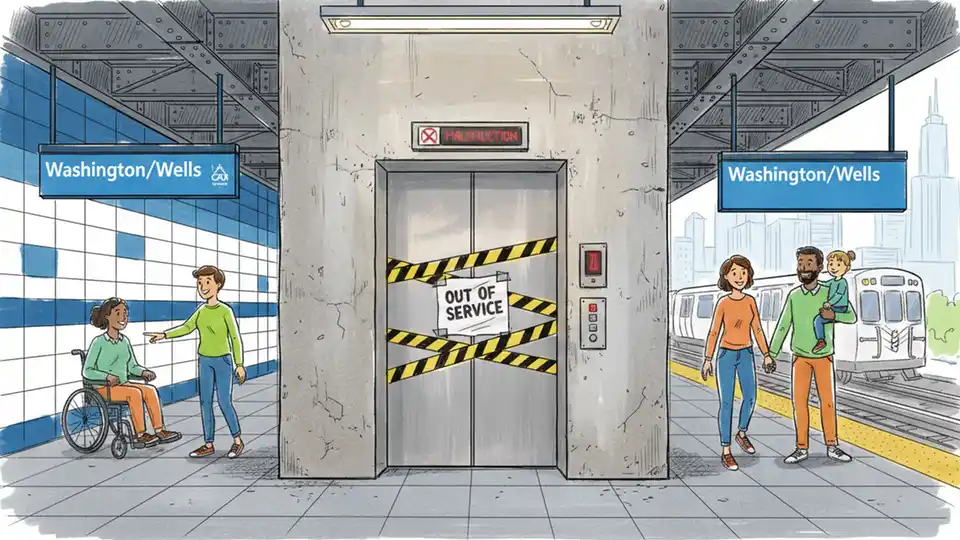CTA Brown Line platform elevator at Washington/Wells station in Chicago Loop, showing elevator entrance with out-of-service signage