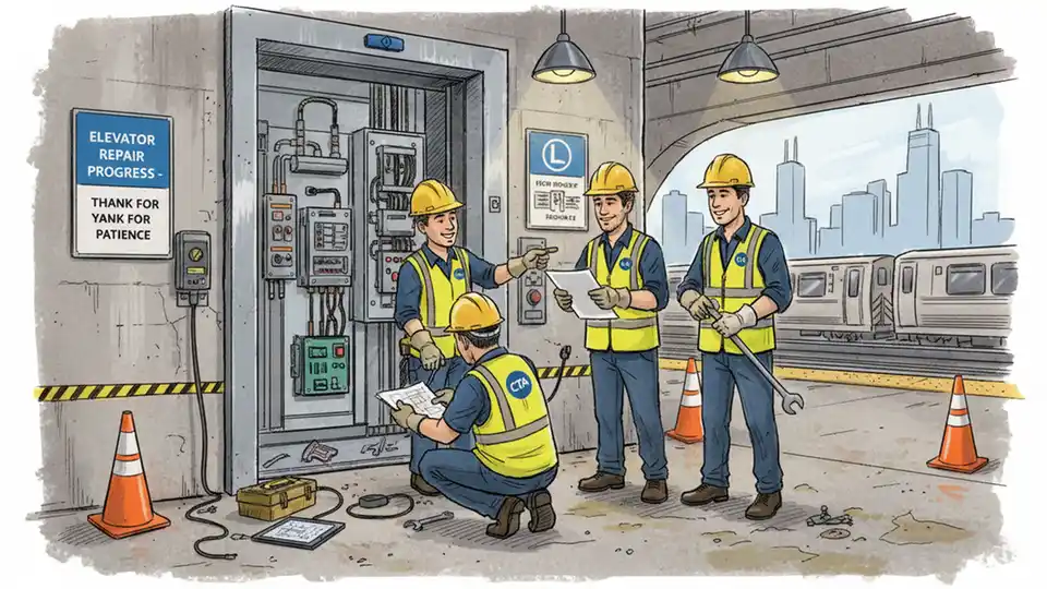 Chicago Transit Authority maintenance crew working on rail station elevator equipment, showing technical repair work in progress