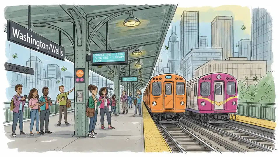 CTA train platform at Washington/Wells station showing Orange Line, Pink Line, and Purple Line trains, downtown Chicago elevated station interior with platform signage