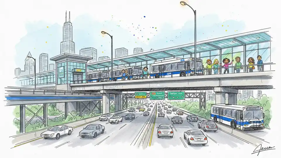 Harlem Blue Line station bus bridge showing multiple bus bays with CTA buses and Kennedy Expressway below