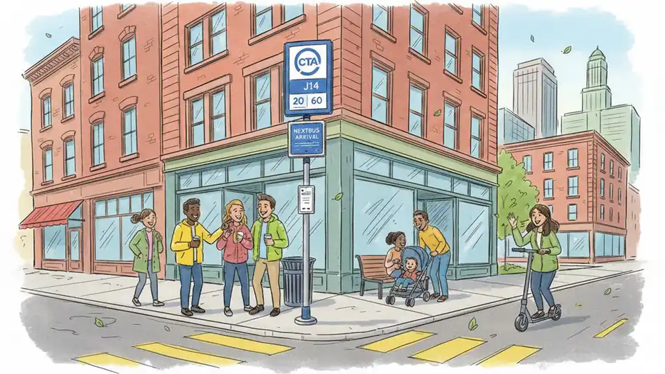 CTA bus stop sign and pole at Chicago street corner with urban buildings in background, showing typical transit stop infrastructure