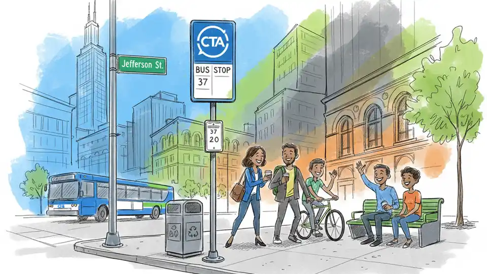 CTA bus stop sign on urban street corner in Chicago's downtown area with Jefferson Street visible