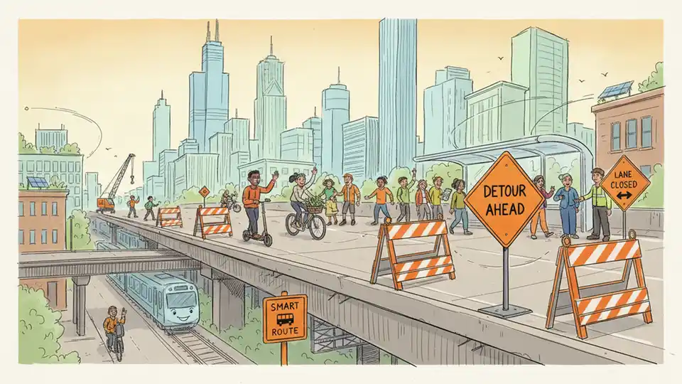 Chicago Avenue viaduct with construction barriers and detour signage visible