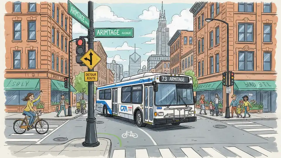 Chicago Transit Authority bus at urban intersection with street signs showing Armitage Avenue and detour route streets