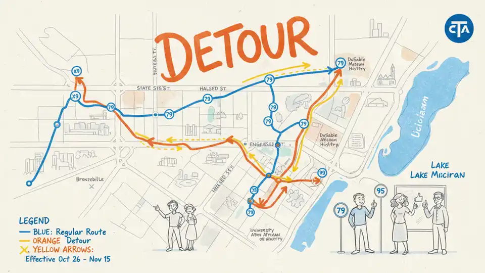 CTA route map showing bus detour path on Chicago South Side streets