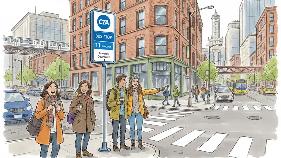 CTA bus stop sign showing route 11 Lincoln with passengers waiting at urban Chicago intersection