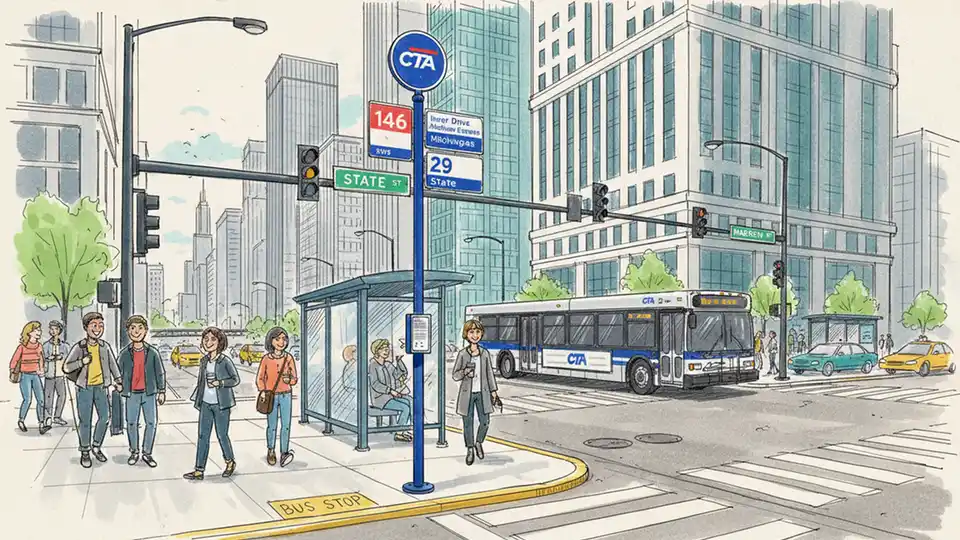 CTA bus stop sign and boarding area at downtown Chicago intersection with street signs visible