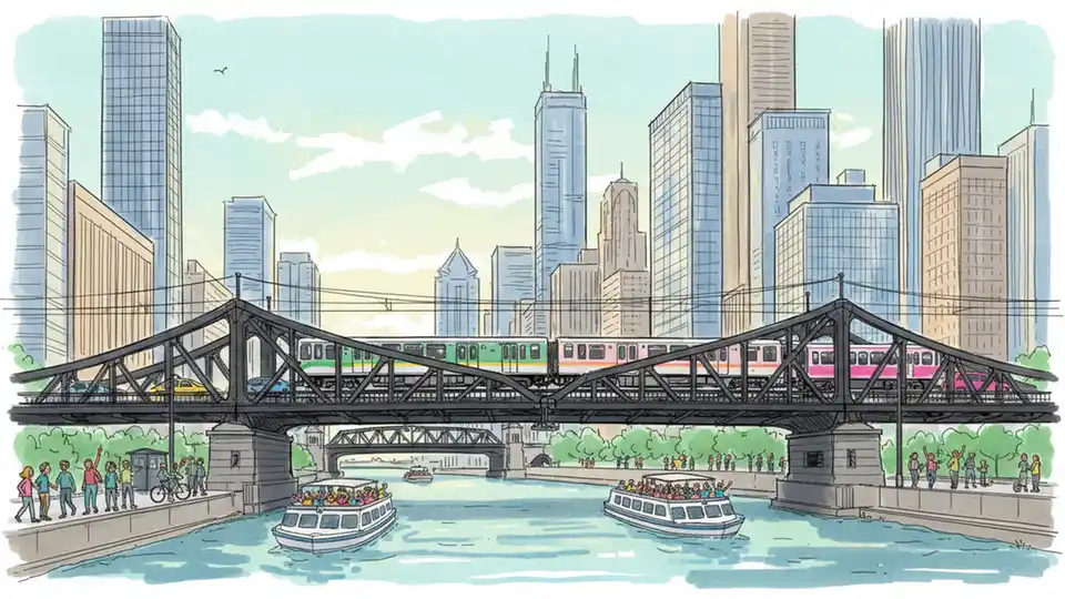 Lake Street bridge over Chicago River with CTA infrastructure and downtown Chicago skyline visible