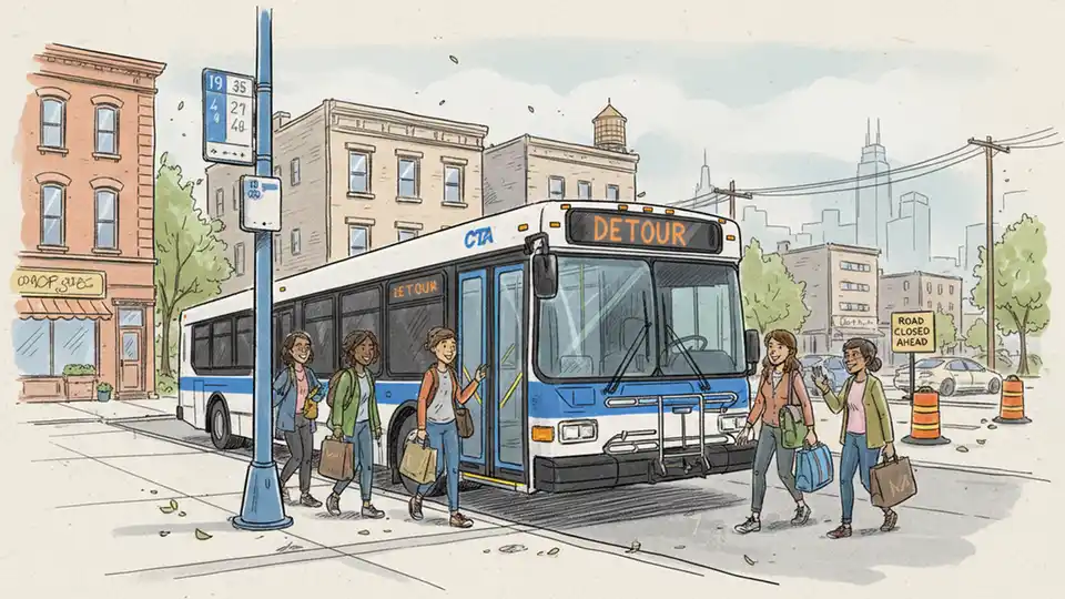 CTA bus at a West Side stop with passengers boarding during a route detour