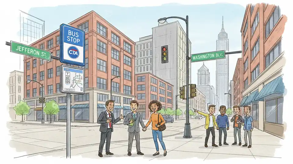 CTA bus stop sign on Jefferson Street in Chicago's downtown area with street intersection visible