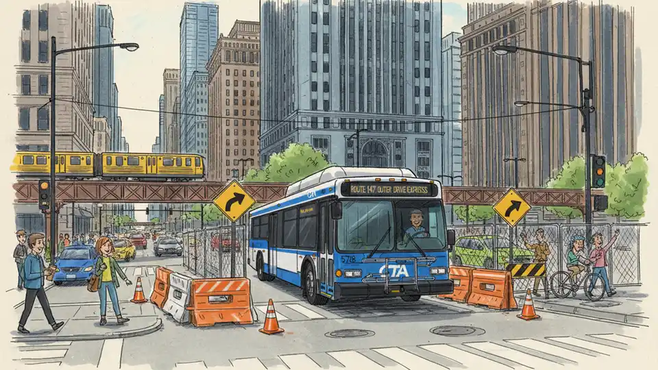 CTA bus navigating downtown Chicago street with construction barriers and detour signage visible