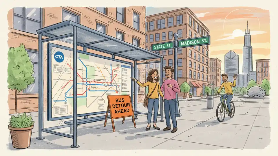 CTA route map showing bus detour with street signs visible