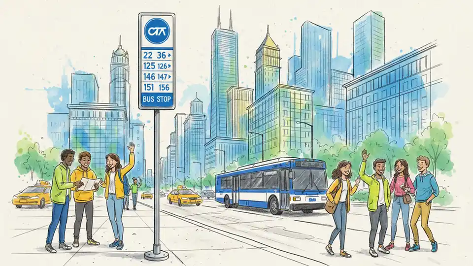 CTA bus stop sign showing route numbers in Chicago downtown area