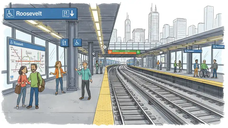 CTA train platform at Roosevelt station showing multiple rail lines converging at the downtown transfer hub with accessibility signage