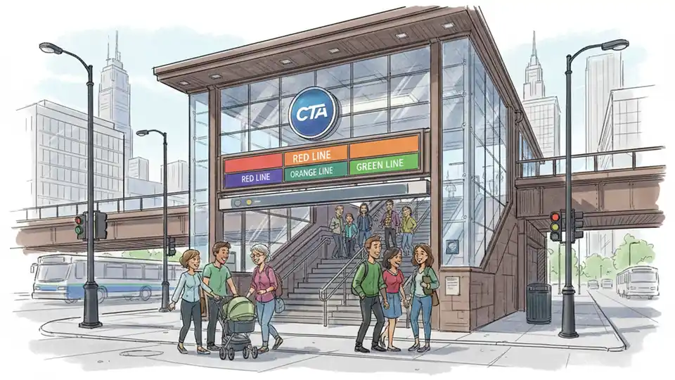 CTA Roosevelt station entrance with Red, Orange, and Green Line signage visible, showing the multi-level transit hub in downtown Chicago