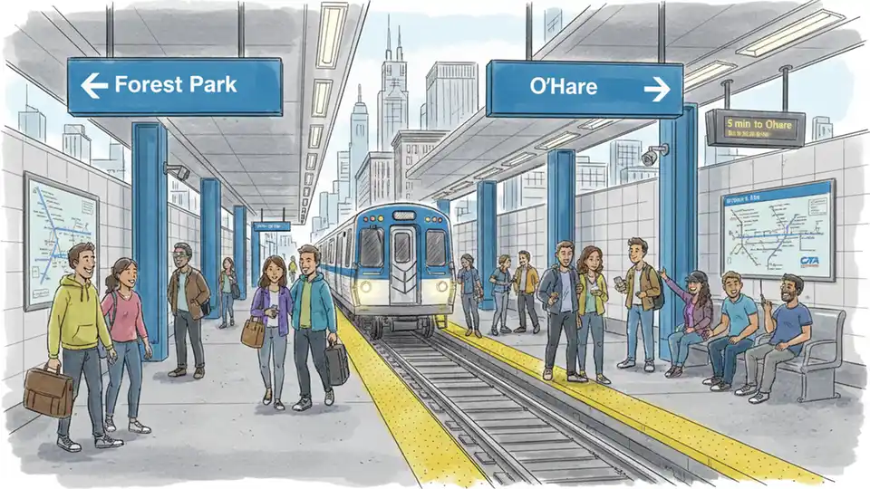 CTA station platform with directional signage showing Forest Park-bound and O'Hare-bound directions, passengers navigating platform with train approaching
