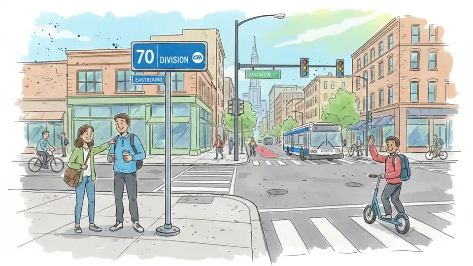 Chicago Transit Authority bus stop sign for Route 70 Division with street intersection in background