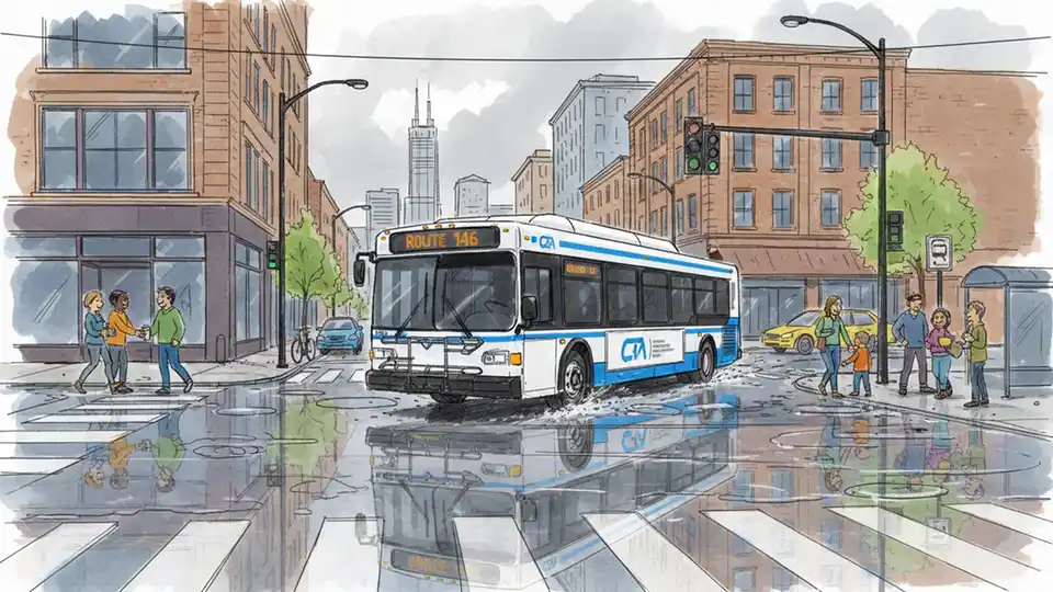 Chicago Transit Authority bus at street intersection with water pooling visible on roadway