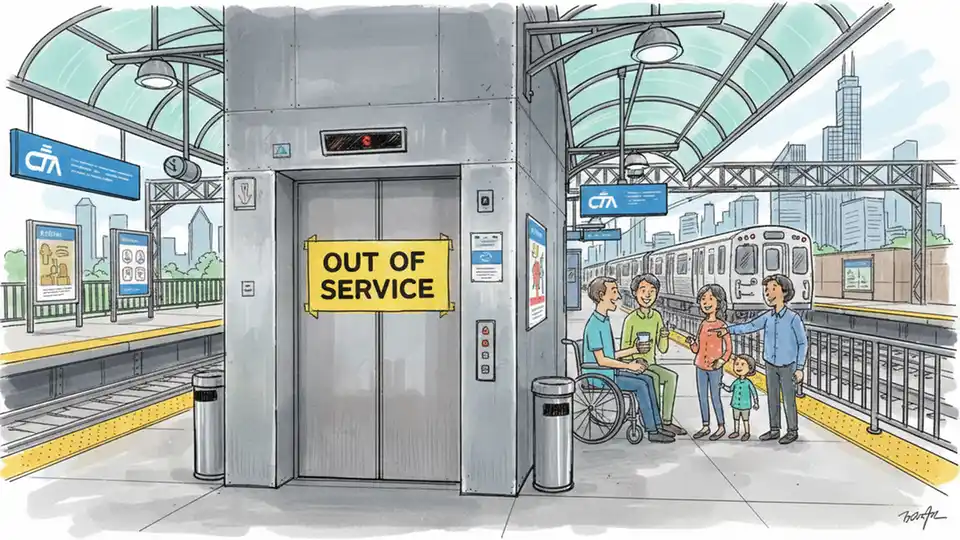 CTA elevator at rail station showing out of service signage and accessibility equipment, with platform and train tracks visible in background