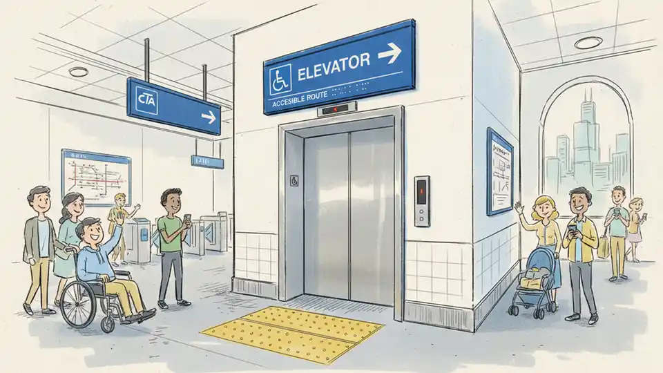 CTA accessibility signage and elevator entrance at Chicago train station