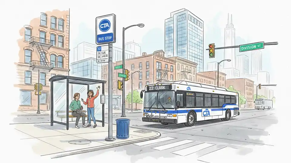 Chicago street intersection with CTA bus stop sign and route information