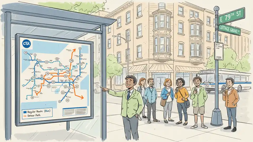 CTA bus route map showing detour path with street signs visible for 79th Street and Cottage Grove Avenue