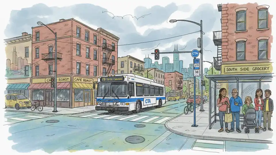 CTA bus at urban intersection on Chicago's South Side with passengers waiting at bus stop