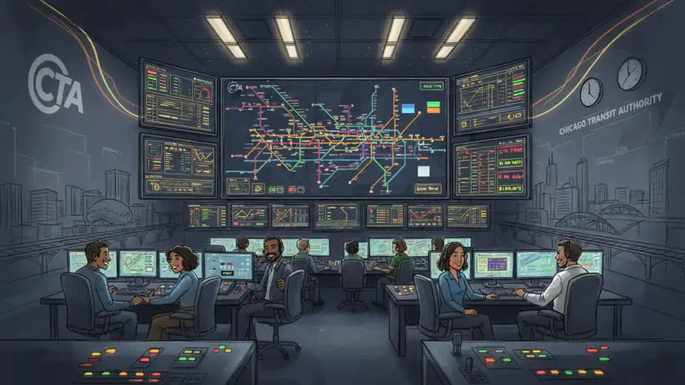 CTA train control center with monitors showing system status and rail line maps